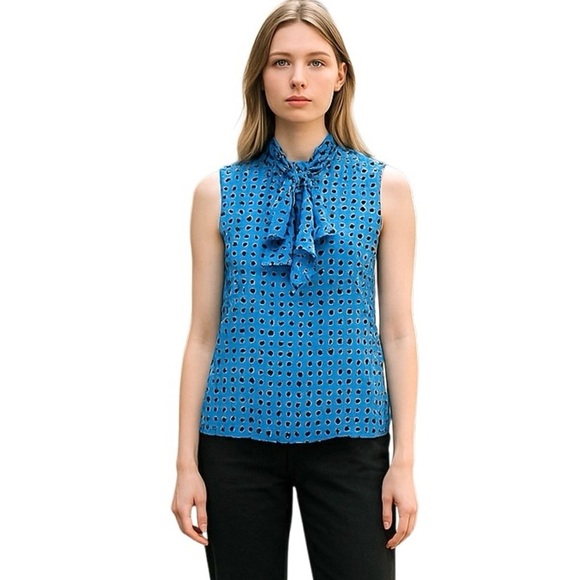 Tucker Sleeveless Ruffle Neck Silk Blouse Keyhole Casual Chic Blue Print Size S - Picture 1 of 8